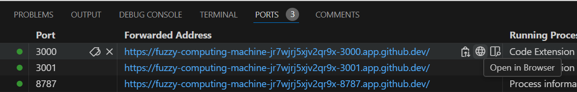 VS Code ports tab showing application running on port 3000.